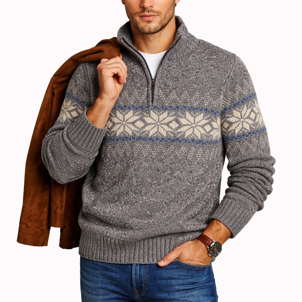 Lorenzo Magni Mens Wool Blend Fair Isle Quarter Zip Sweater Grey Made in Italy S